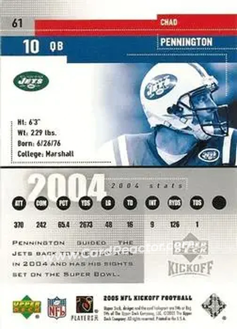 2005 Upper Deck Kickoff #61 - Chad Pennington - New York Jets - Back