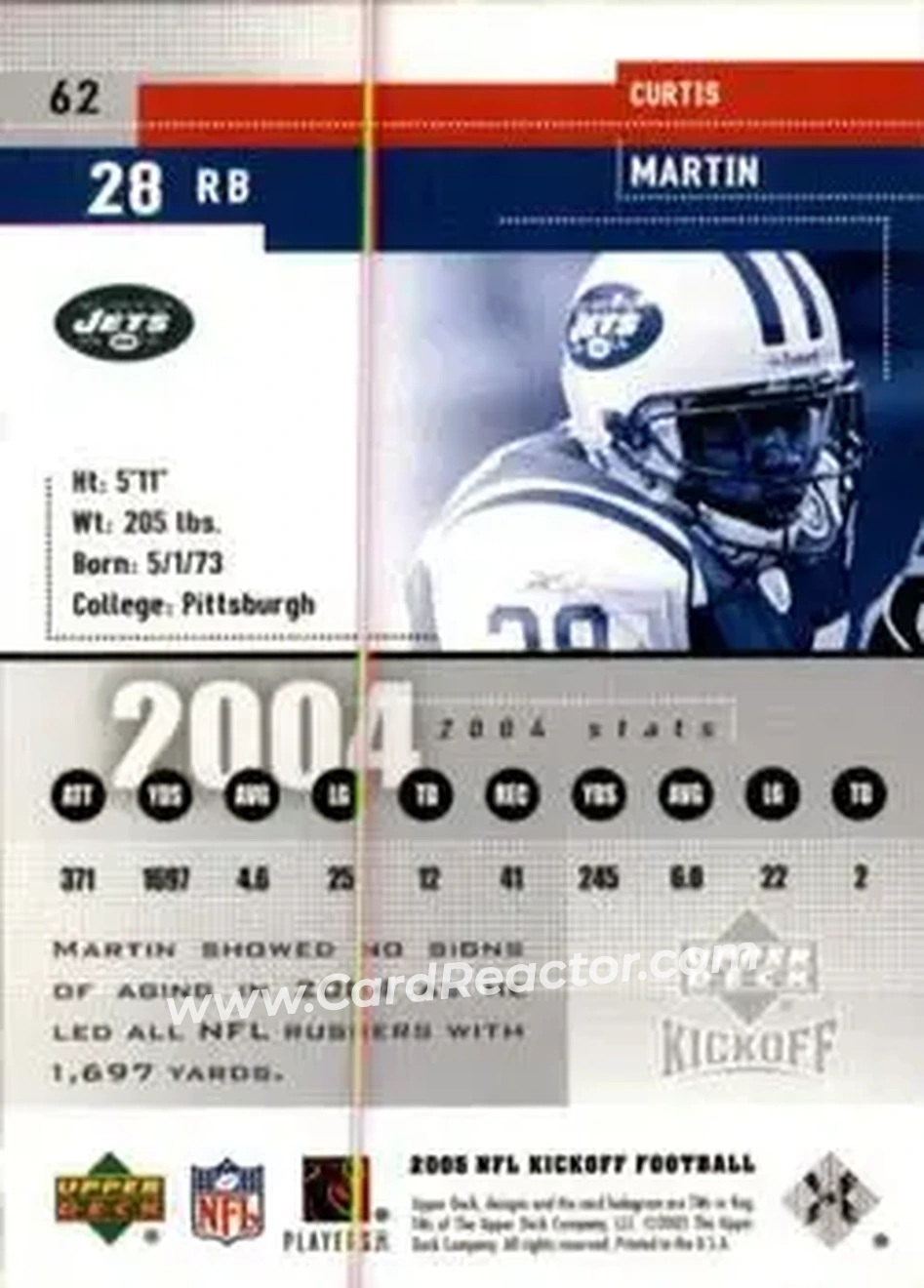 2005 Upper Deck Kickoff #62 - Curtis Martin - New York Jets - Back 2005 Upper Deck Kickoff #62 - Curtis Martin - New York Jets - Back