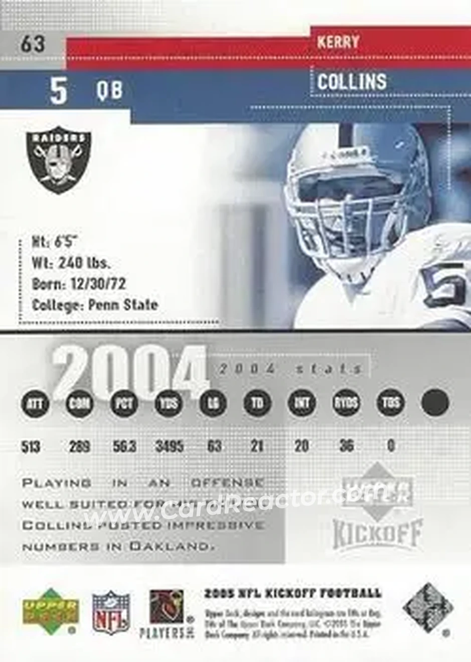 2005 Upper Deck Kickoff #63 - Kerry Collins - Oakland Raiders - Back