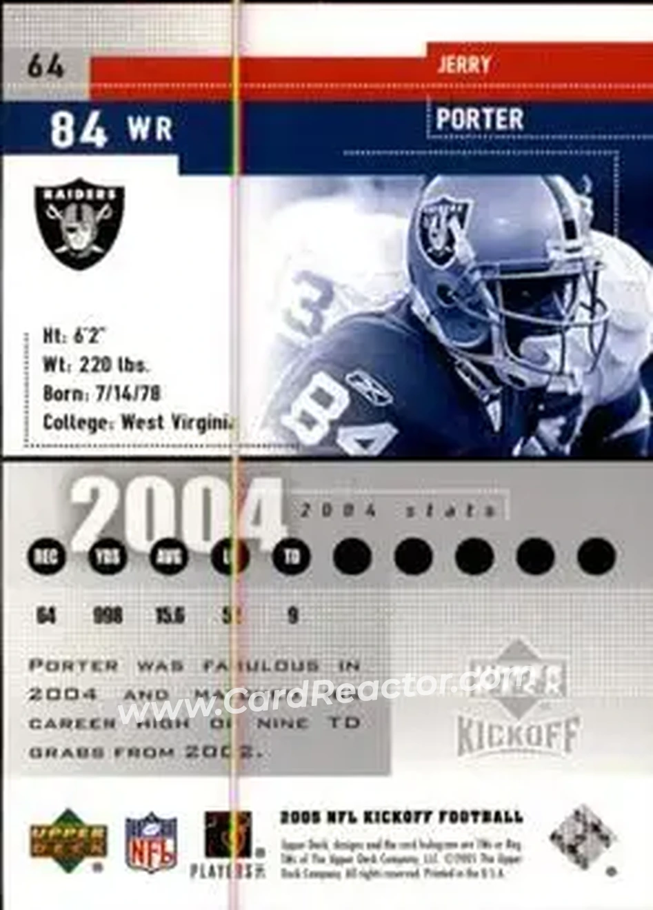 2005 Upper Deck Kickoff #64 - Jerry Porter - Oakland Raiders - Back