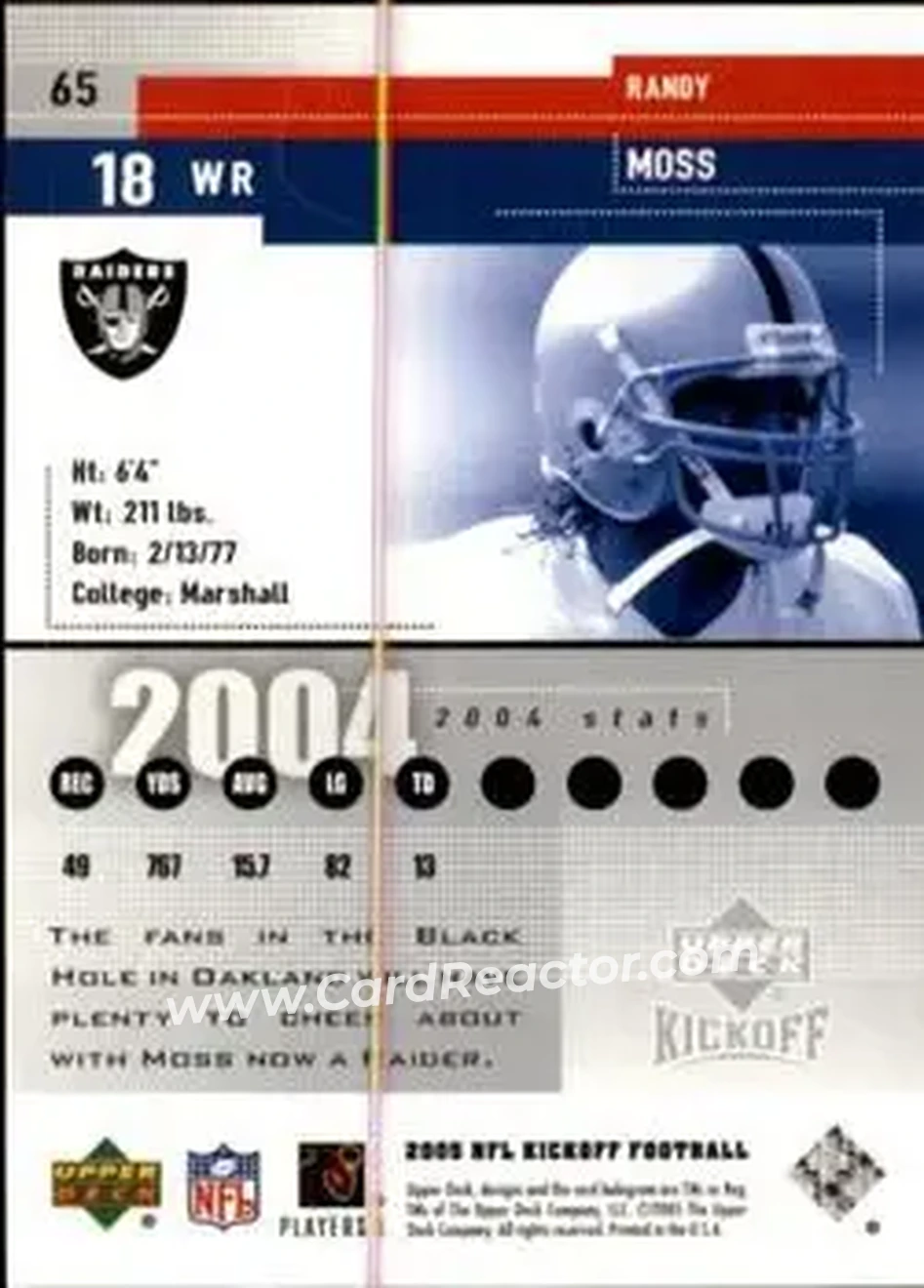 2005 Upper Deck Kickoff #65 - Randy Moss - Oakland Raiders - Back