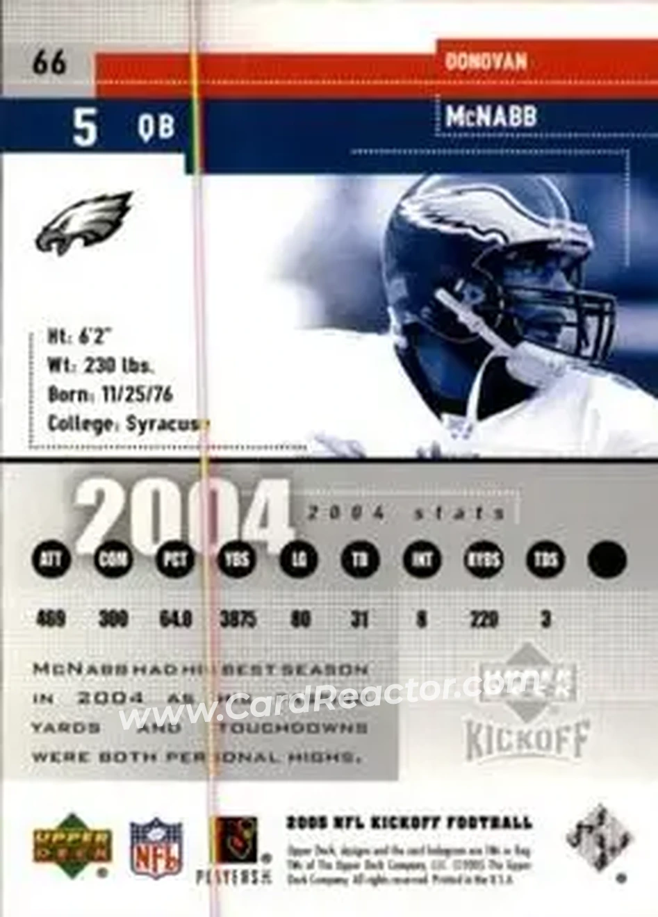2005 Upper Deck Kickoff #66 - Donovan McNabb - Philadelphia Eagles - Back