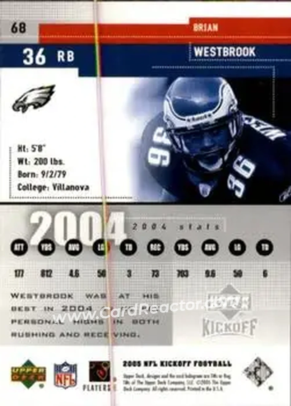 2005 Upper Deck Kickoff #68 - Brian Westbrook - Philadelphia Eagles - Back