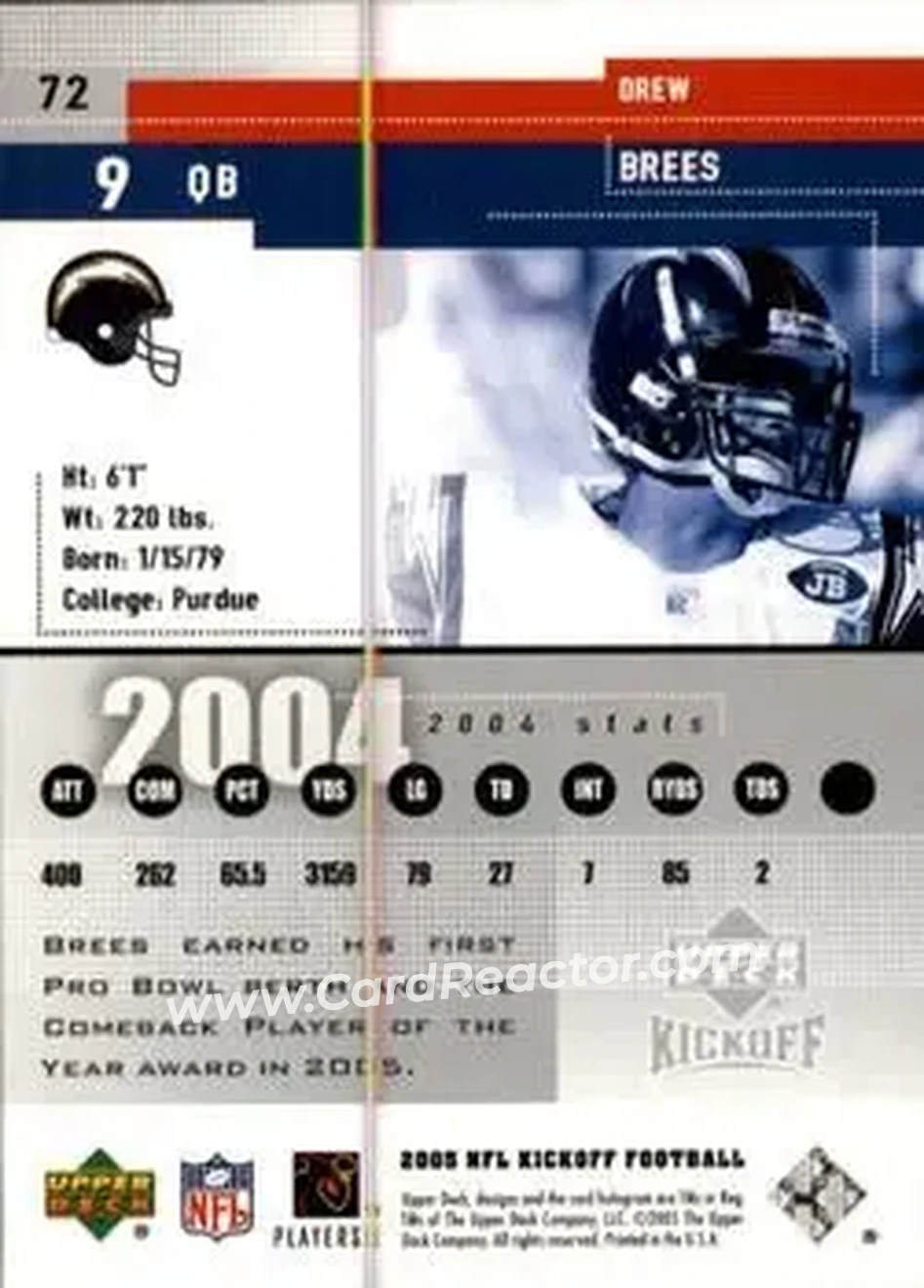 2005 Upper Deck Kickoff #72 - Drew Brees - San Diego Chargers - Back 2005 Upper Deck Kickoff #72 - Drew Brees - San Diego Chargers - Back