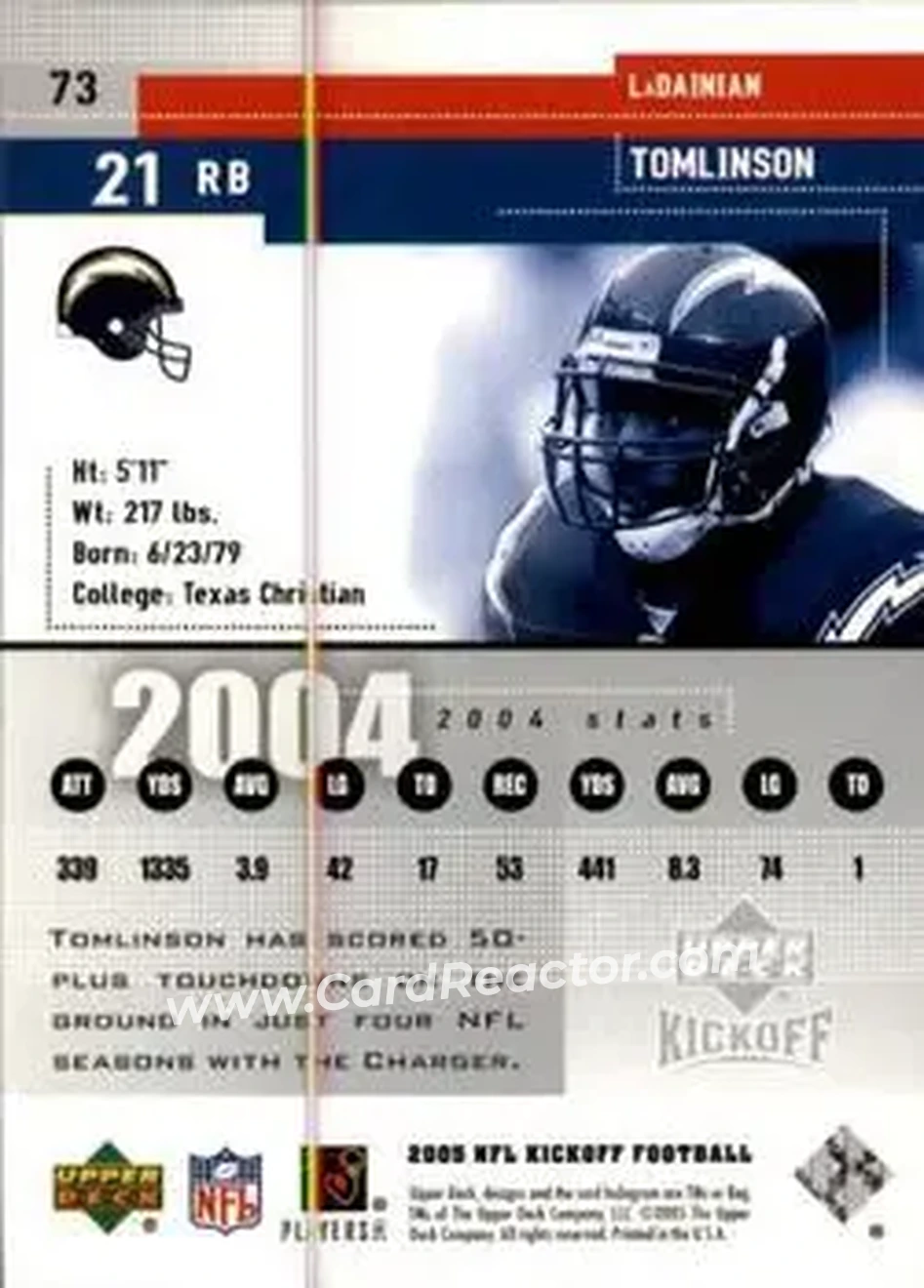 2005 Upper Deck Kickoff #73 - LaDainian Tomlinson - San Diego Chargers - Back