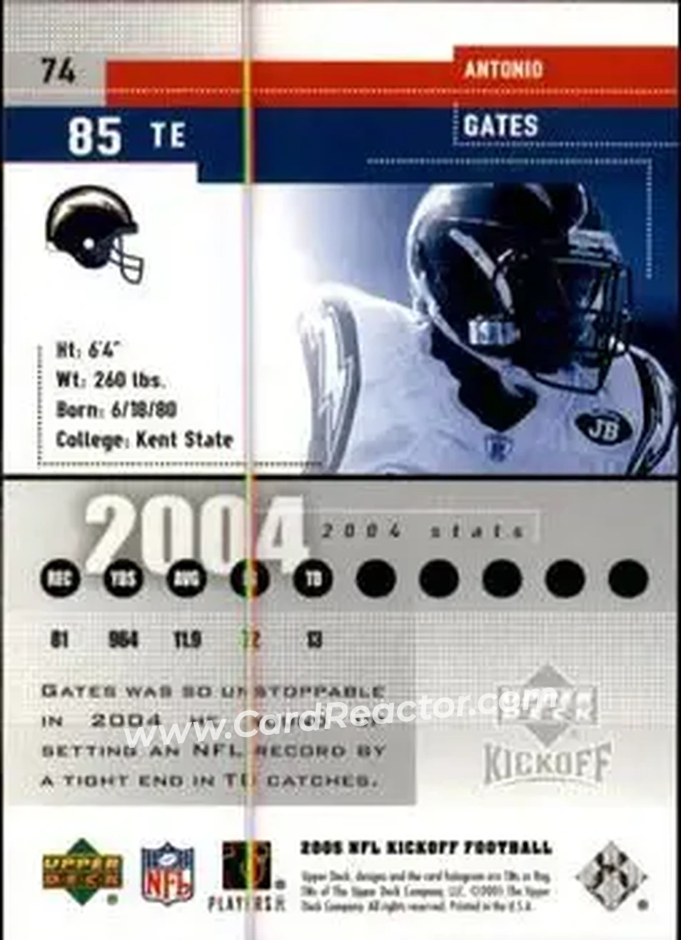 2005 Upper Deck Kickoff #74 - Antonio Gates - San Diego Chargers - Back 2005 Upper Deck Kickoff #74 - Antonio Gates - San Diego Chargers - Back