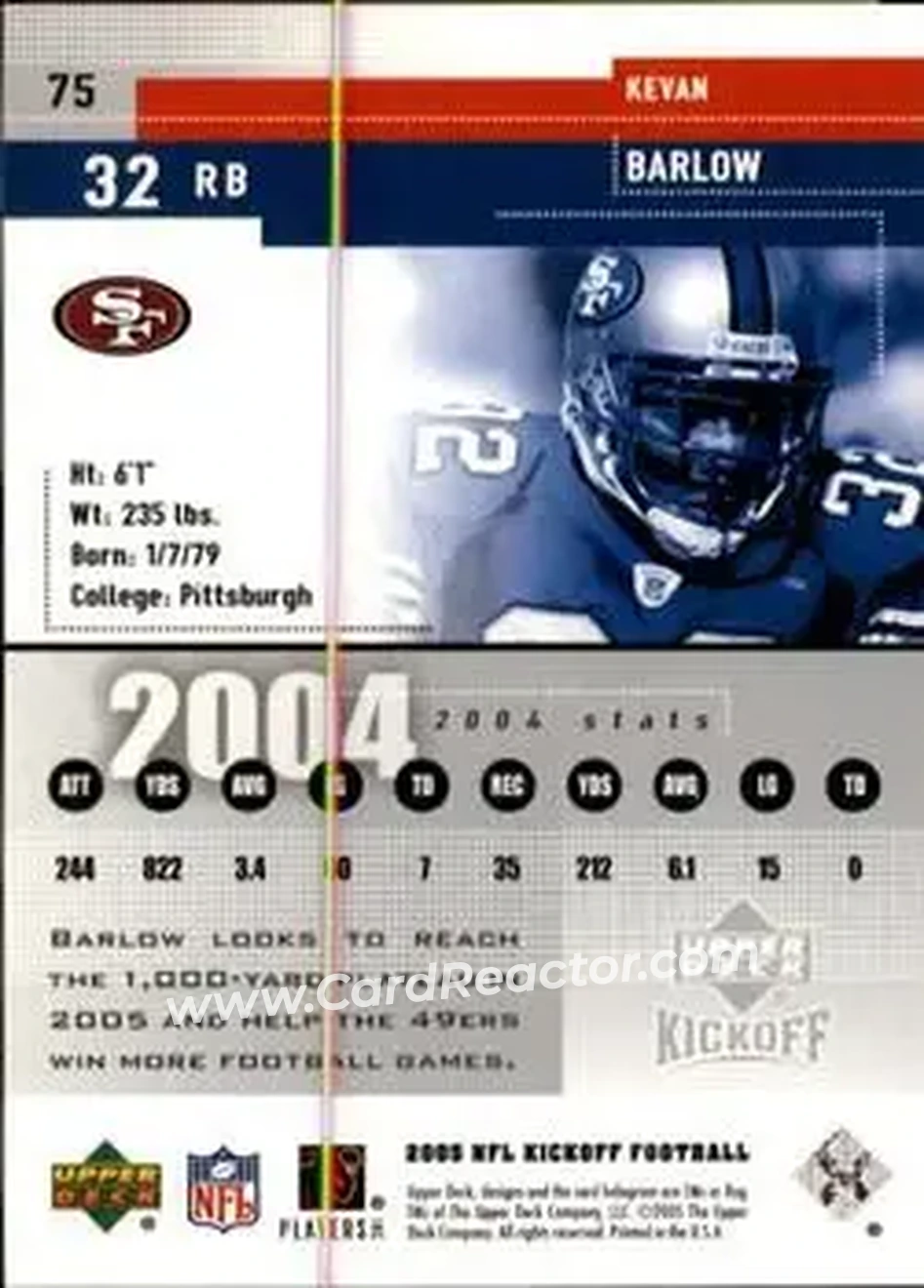 2005 Upper Deck Kickoff #75 - Kevan Barlow - San Francisco 49ers - Back