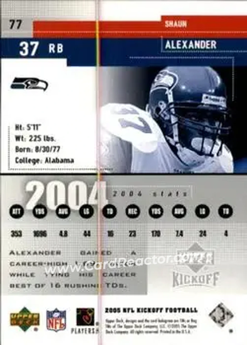 2005 Upper Deck Kickoff #77 - Shaun Alexander - Seattle Seahawks - Back