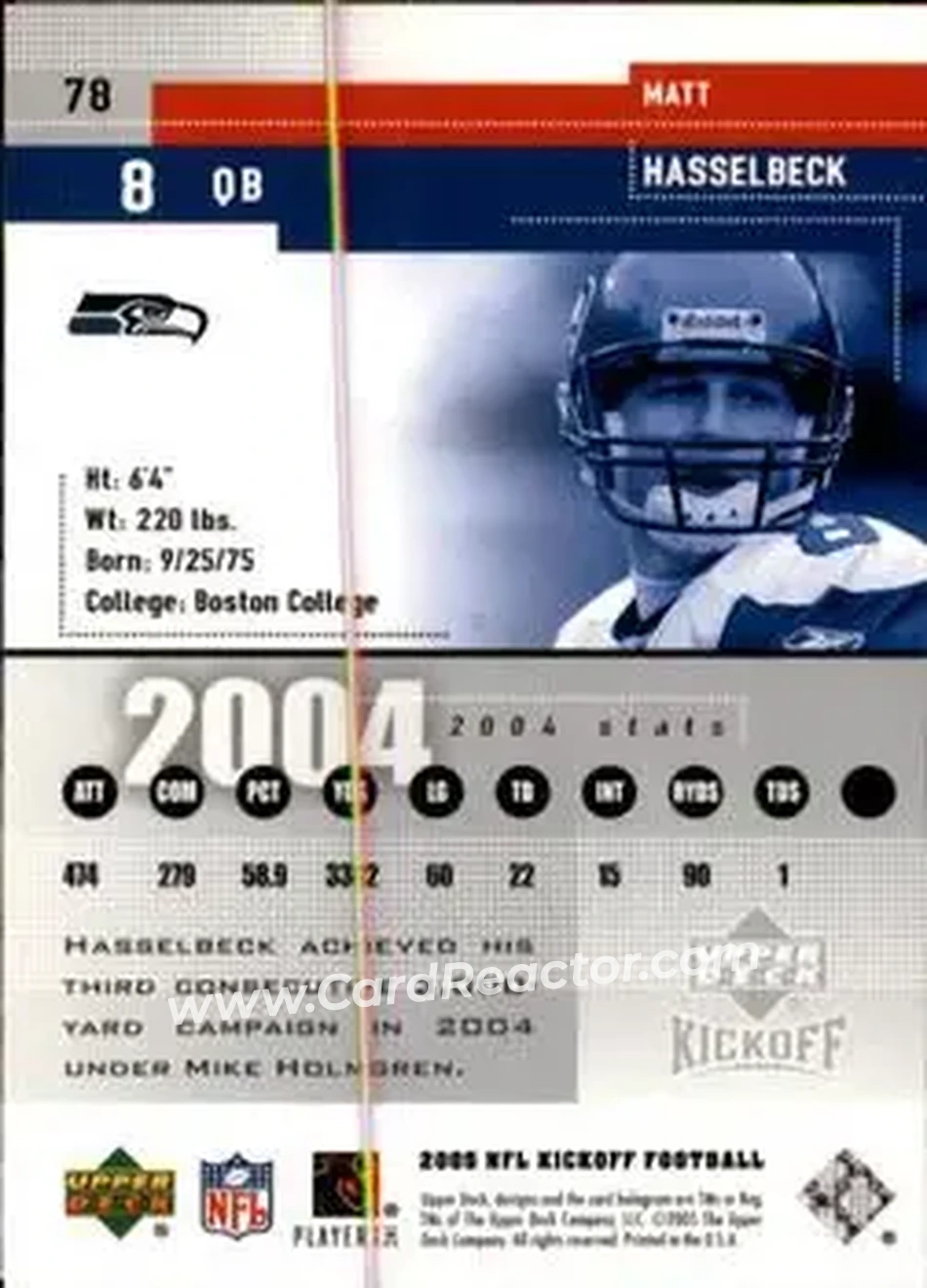 2005 Upper Deck Kickoff #78 - Matt Hasselbeck - Seattle Seahawks - Back 2005 Upper Deck Kickoff #78 - Matt Hasselbeck - Seattle Seahawks - Back