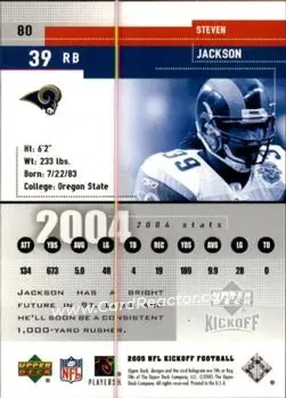 2005 Upper Deck Kickoff #80 - Steven Jackson - St. Louis Rams - Back