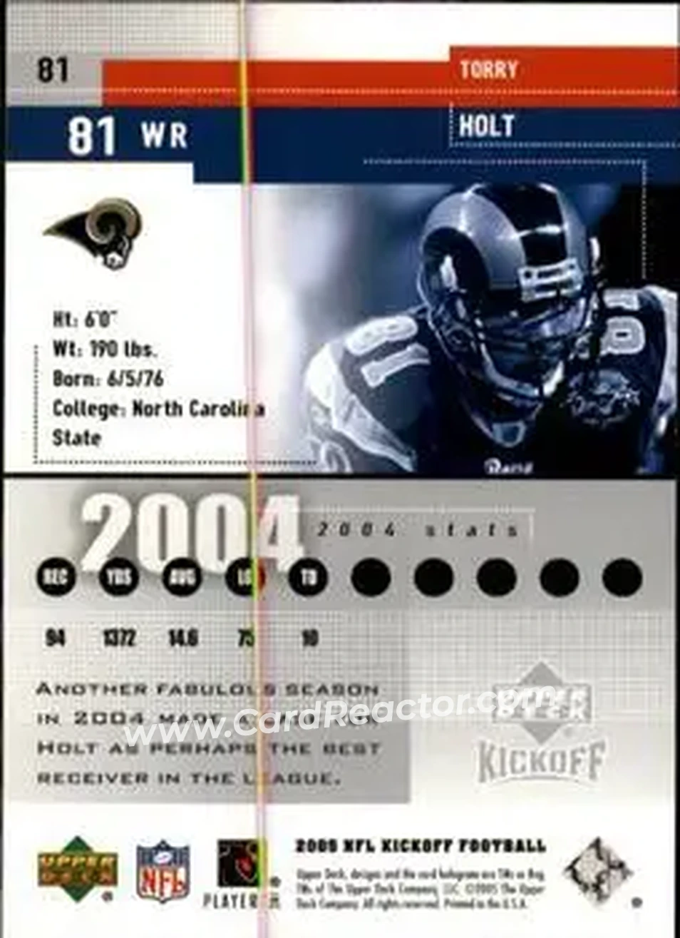 2005 Upper Deck Kickoff #81 - Torry Holt - St. Louis Rams - Back 2005 Upper Deck Kickoff #81 - Torry Holt - St. Louis Rams - Back
