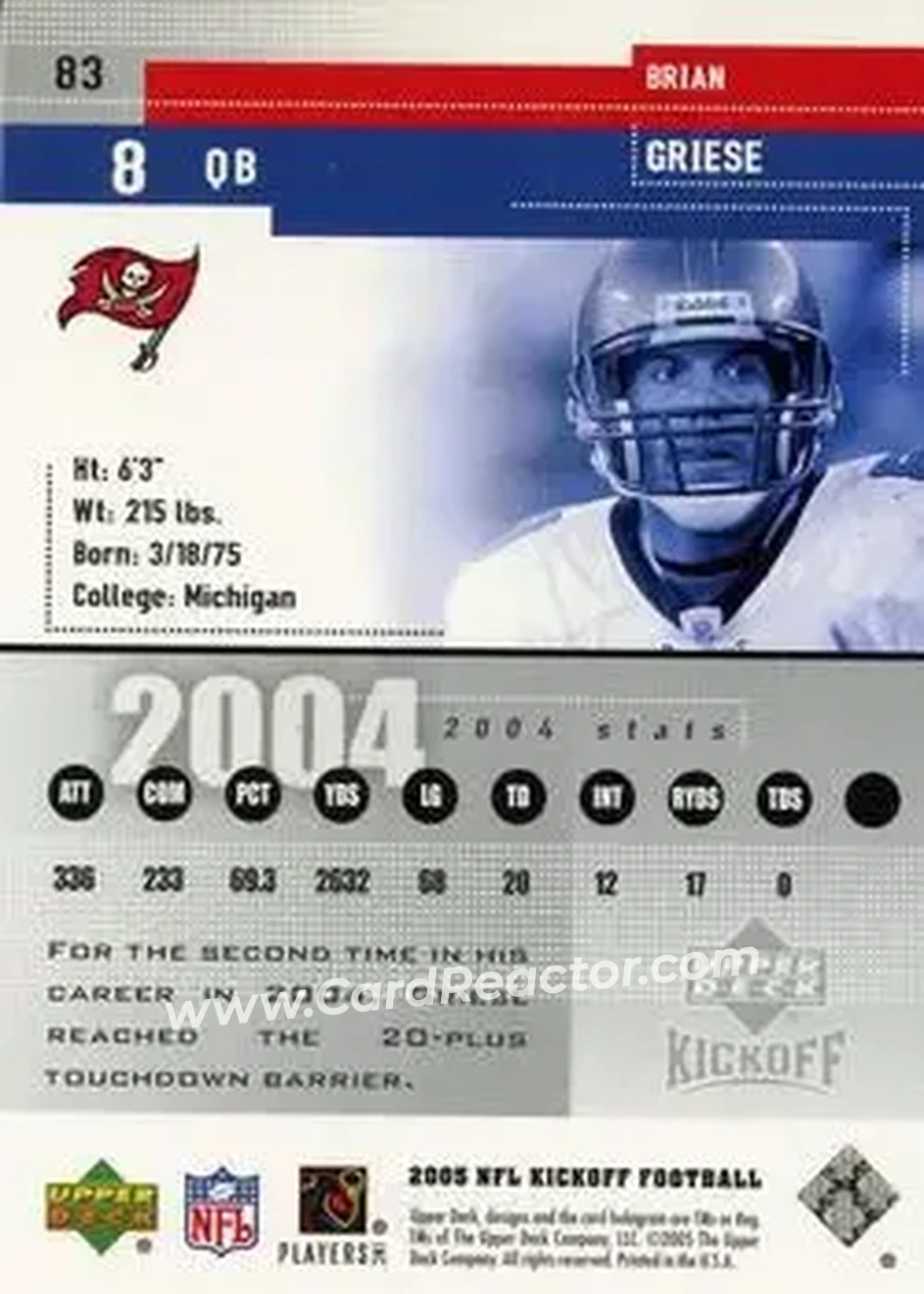 2005 Upper Deck Kickoff #83 - Brian Griese - Tampa Bay Buccaneers - Back 2005 Upper Deck Kickoff #83 - Brian Griese - Tampa Bay Buccaneers - Back