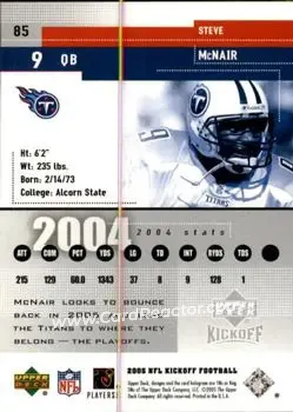 2005 Upper Deck Kickoff #85 - Steve McNair - Tennessee Titans - Back