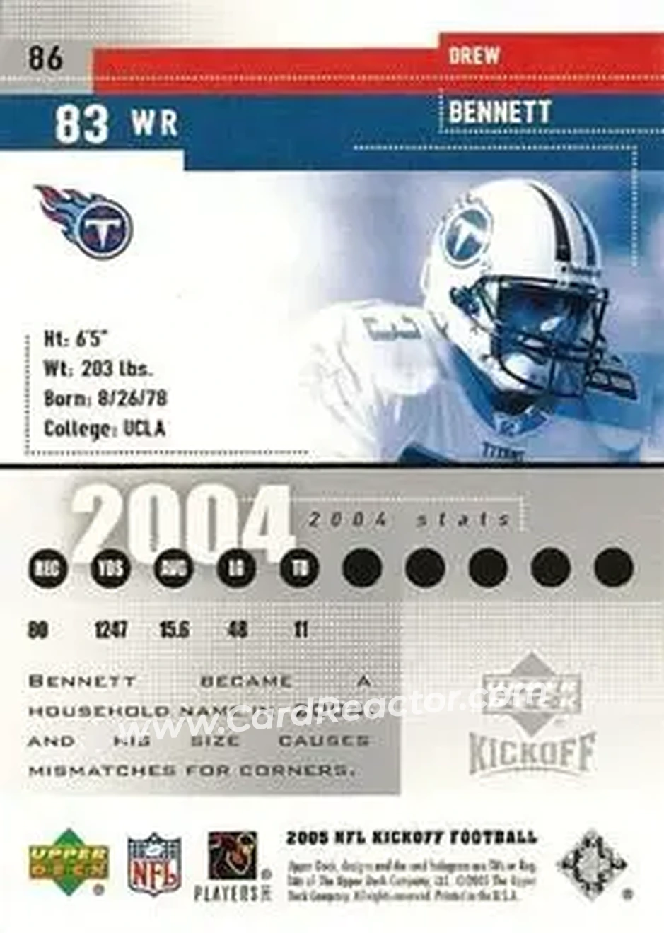 2005 Upper Deck Kickoff #86 - Drew Bennett - Tennessee Titans - Back 2005 Upper Deck Kickoff #86 - Drew Bennett - Tennessee Titans - Back