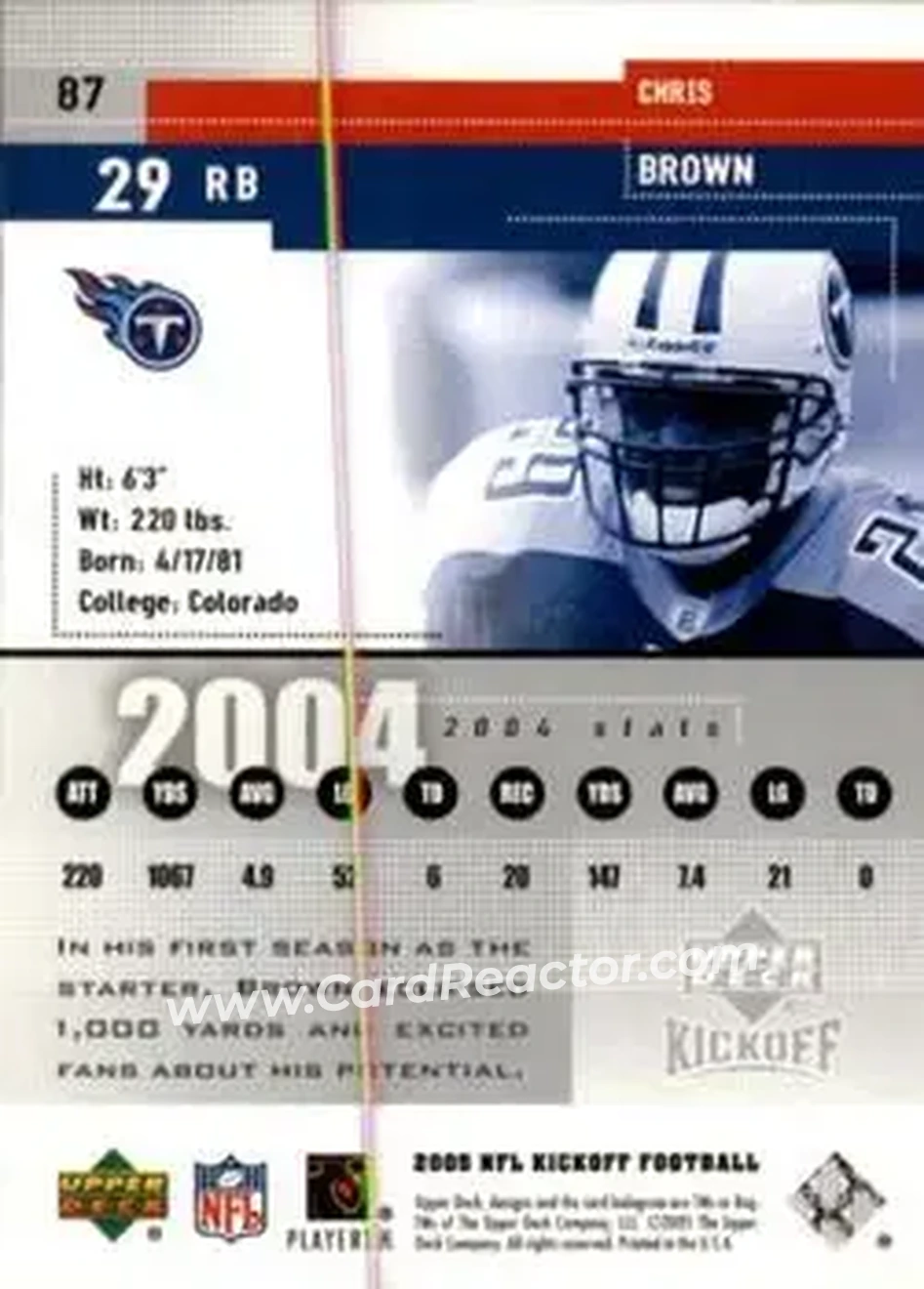 2005 Upper Deck Kickoff #87 - Chris Brown - Tennessee Titans - Back
