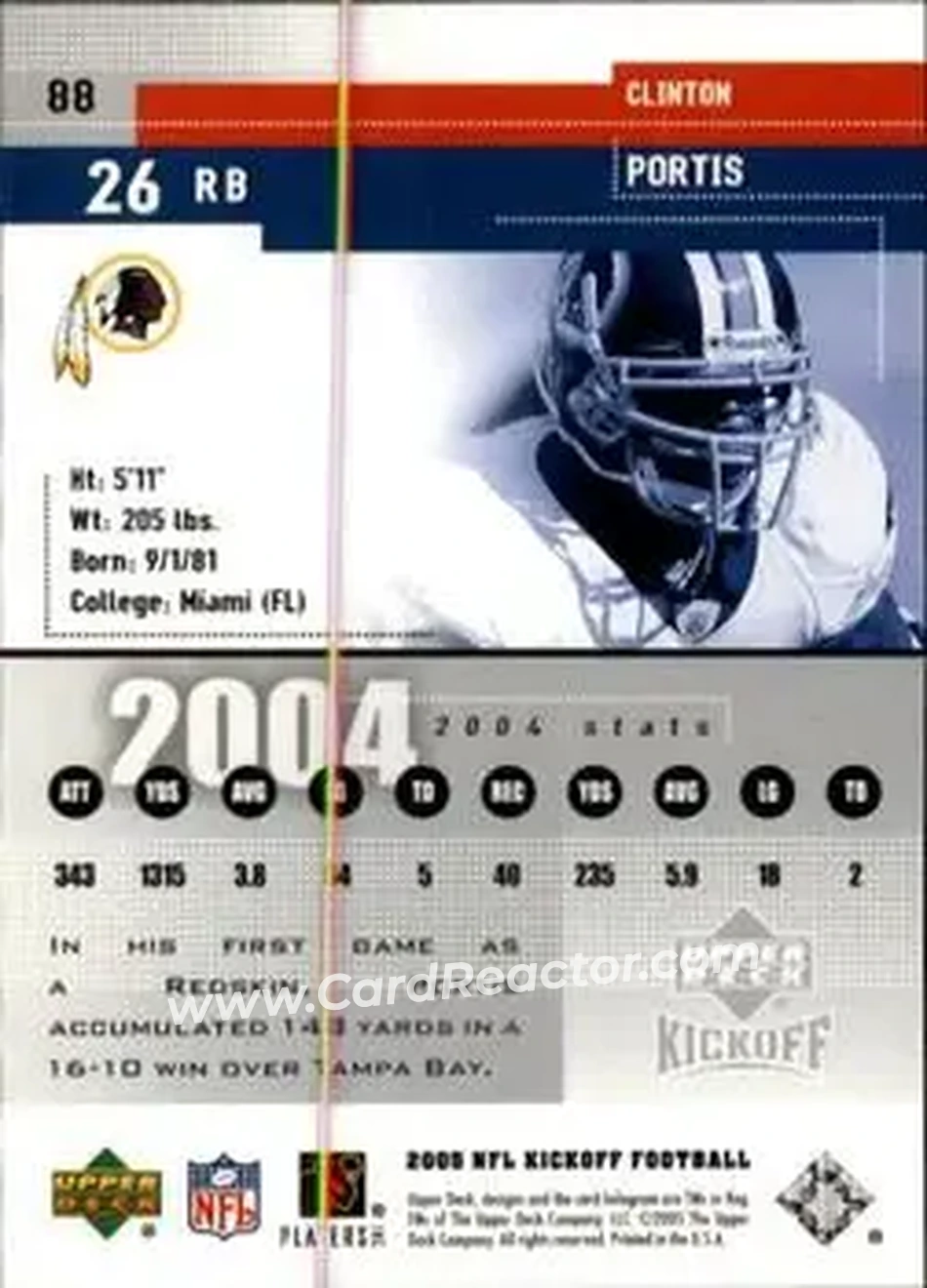 2005 Upper Deck Kickoff #88 - Clinton Portis - Washington Redskins - Back 2005 Upper Deck Kickoff #88 - Clinton Portis - Washington Redskins - Back