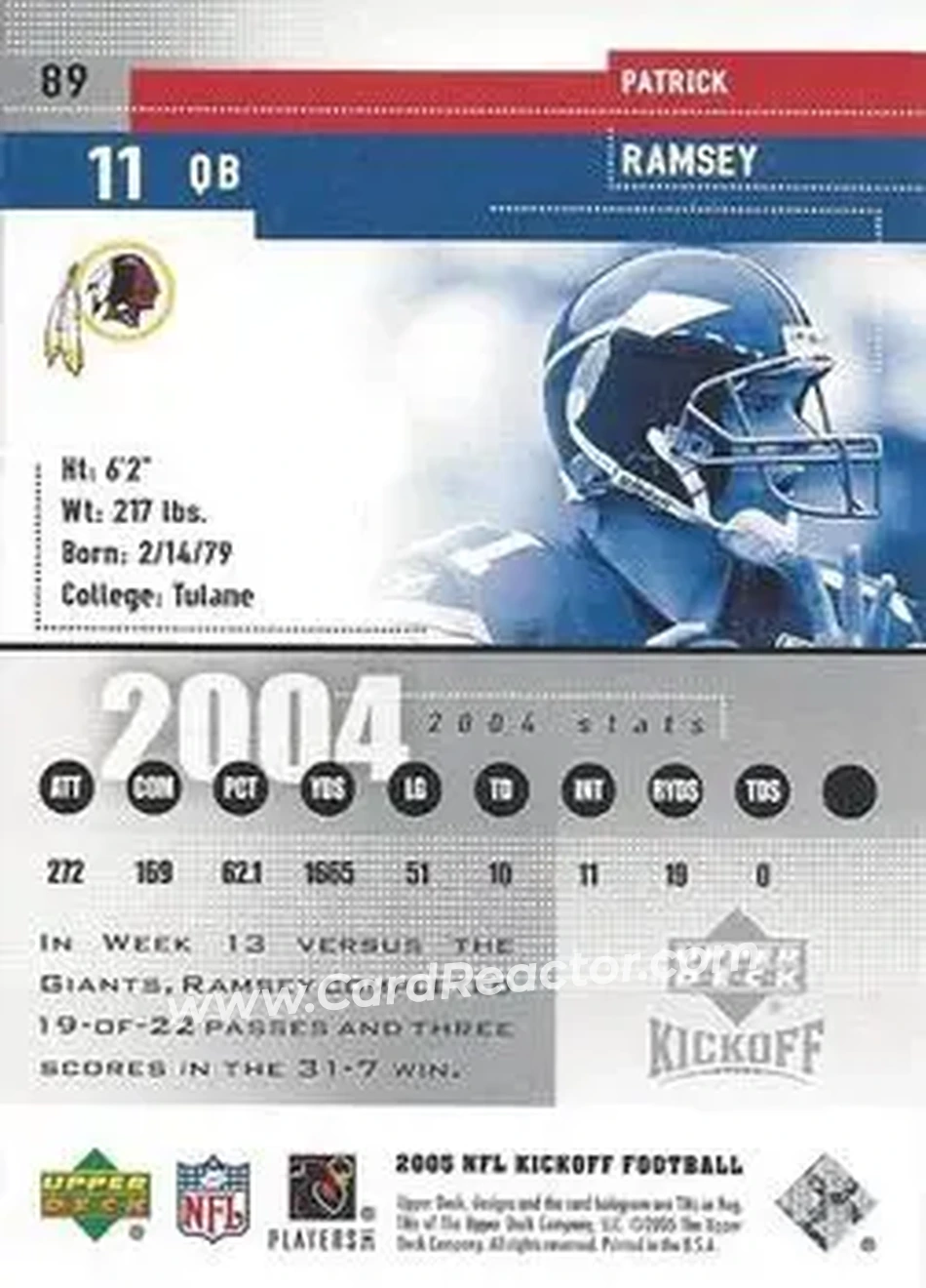 2005 Upper Deck Kickoff #89 - Patrick Ramsey - Washington Redskins - Back 2005 Upper Deck Kickoff #89 - Patrick Ramsey - Washington Redskins - Back