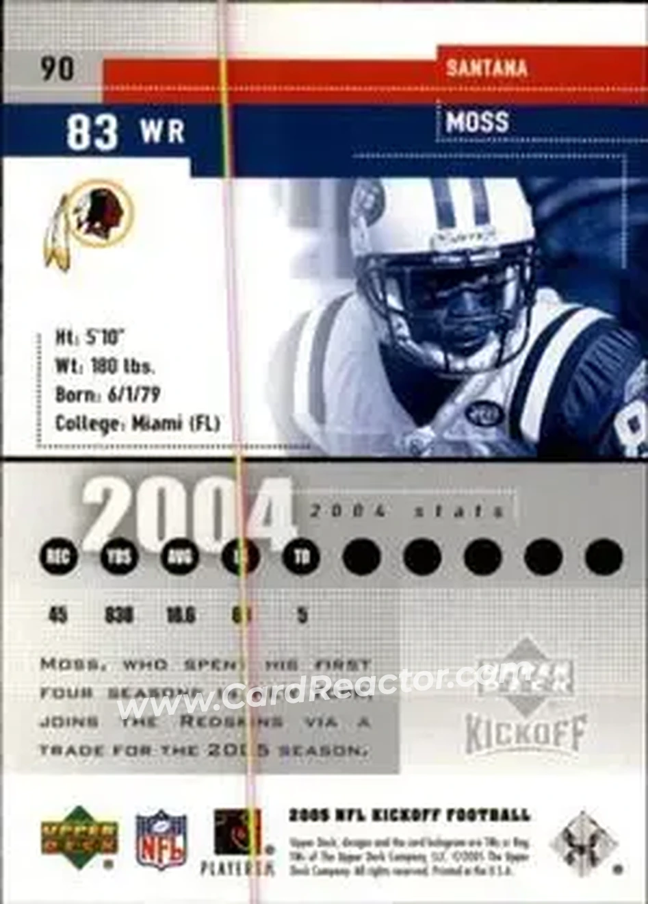 2005 Upper Deck Kickoff #90 - Santana Moss - Washington Redskins - Back