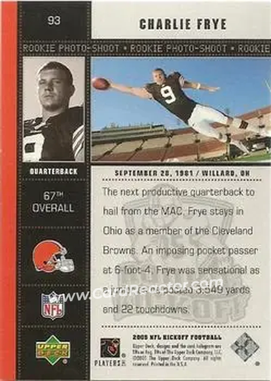 2005 Upper Deck Kickoff #93 - Charlie Frye - Cleveland Browns - Back