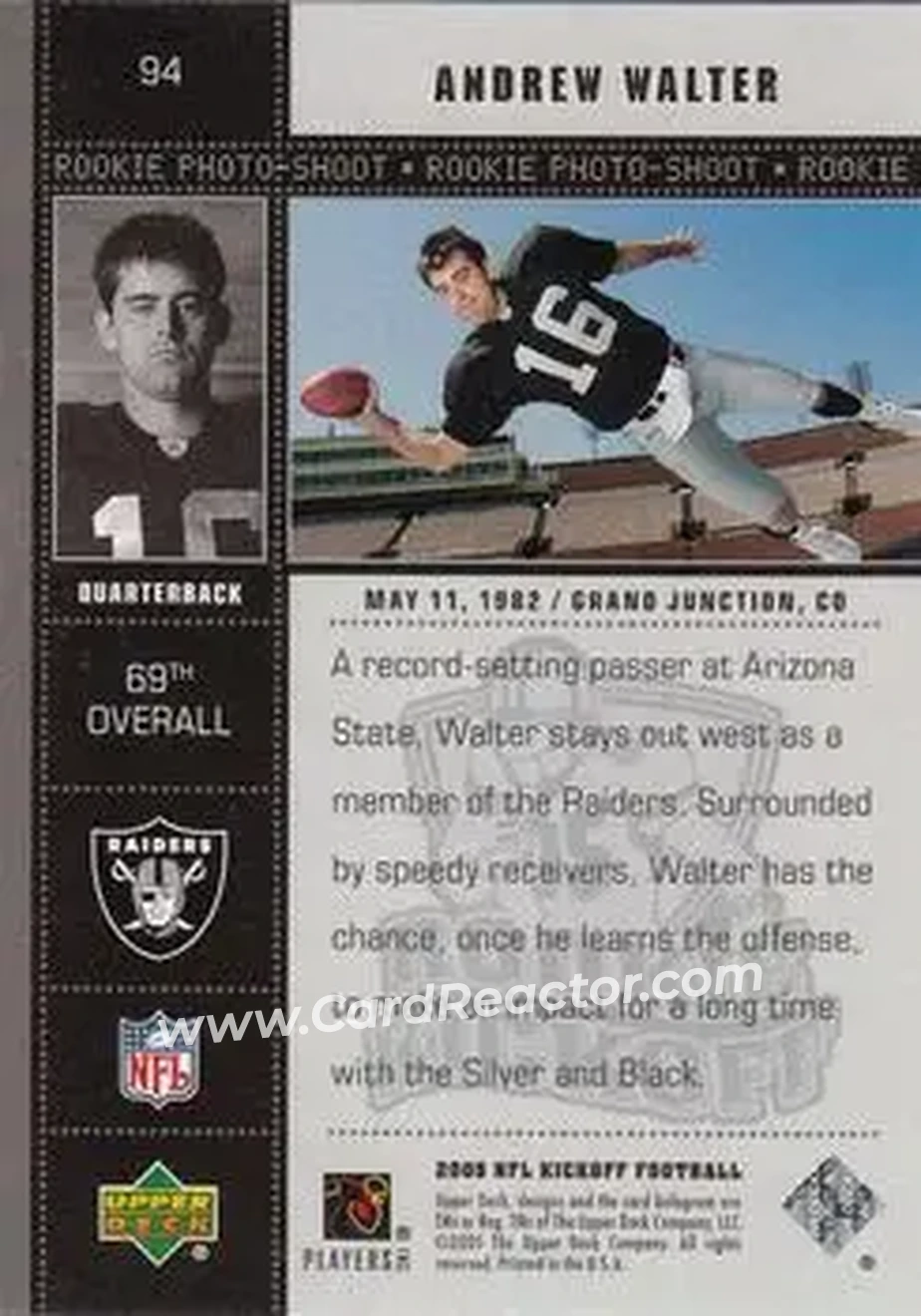 2005 Upper Deck Kickoff #94 - Andrew Walter - Oakland Raiders - Back 2005 Upper Deck Kickoff #94 - Andrew Walter - Oakland Raiders - Back
