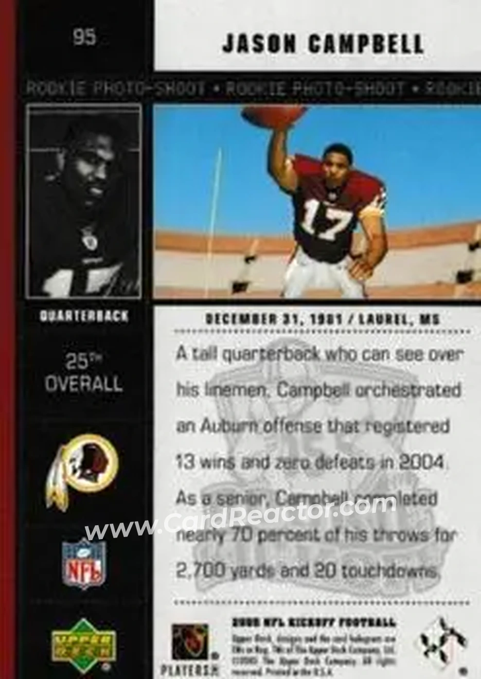 2005 Upper Deck Kickoff #95 - Jason Campbell - Washington Redskins - Back 2005 Upper Deck Kickoff #95 - Jason Campbell - Washington Redskins - Back