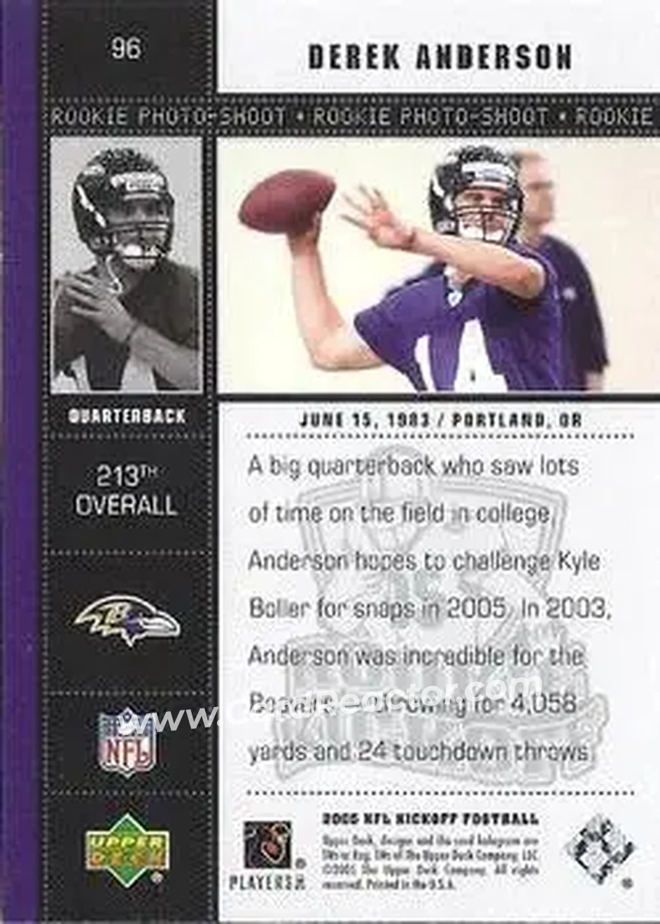 2005 Upper Deck Kickoff #96 - Derek Anderson - Baltimore Ravens - Back