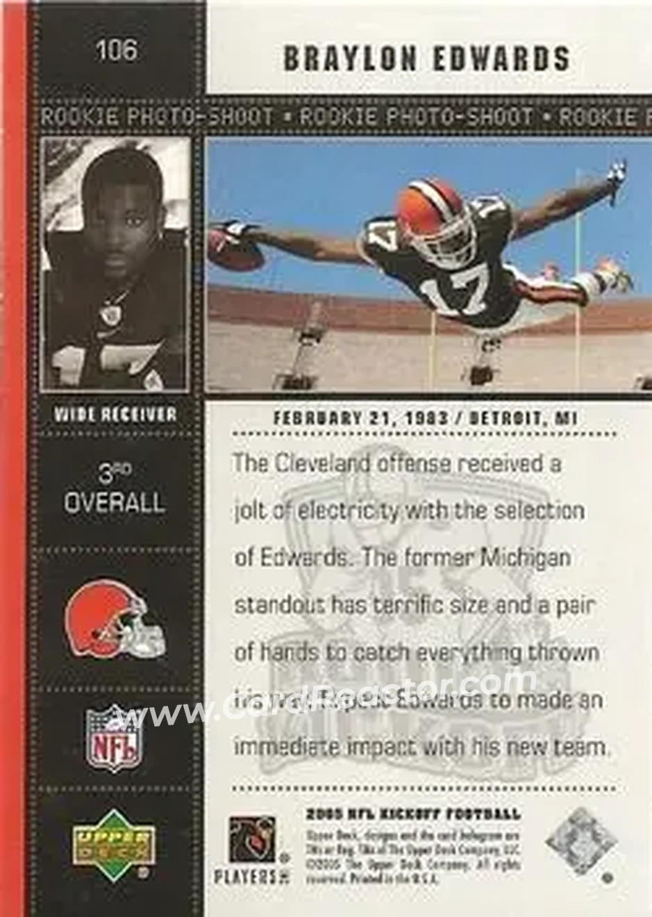 2005 Upper Deck Kickoff #106 - Braylon Edwards - Cleveland Browns - Back 2005 Upper Deck Kickoff #106 - Braylon Edwards - Cleveland Browns - Back