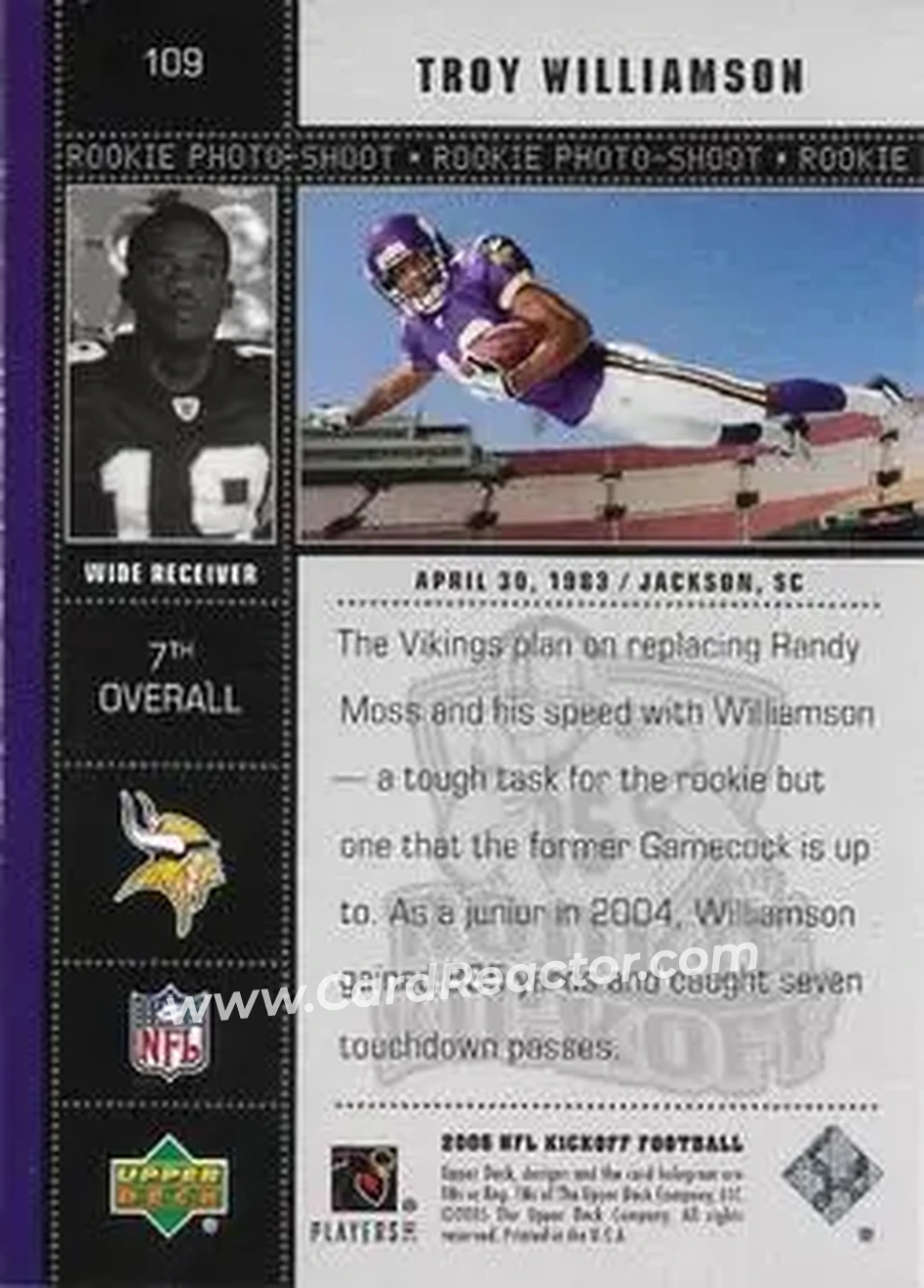 2005 Upper Deck Kickoff #109 - Troy Williamson - Minnesota Vikings - Back 2005 Upper Deck Kickoff #109 - Troy Williamson - Minnesota Vikings - Back