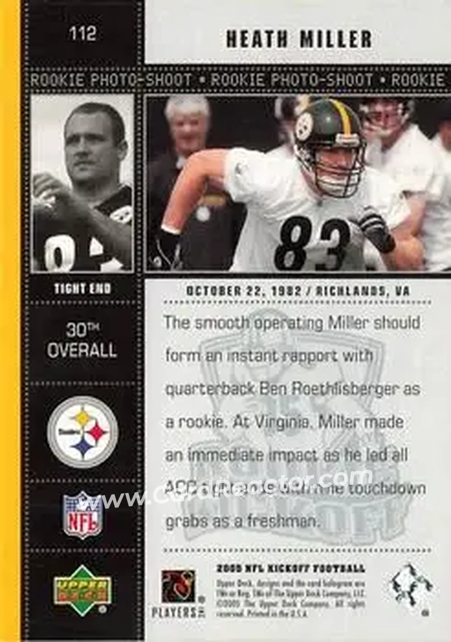 2005 Upper Deck Kickoff #112 - Heath Miller - Pittsburgh Steelers - Back 2005 Upper Deck Kickoff #112 - Heath Miller - Pittsburgh Steelers - Back
