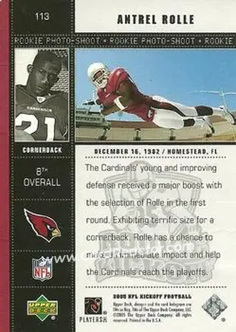 2005 Upper Deck Kickoff #113 - Antrel Rolle - Arizona Cardinals - Back