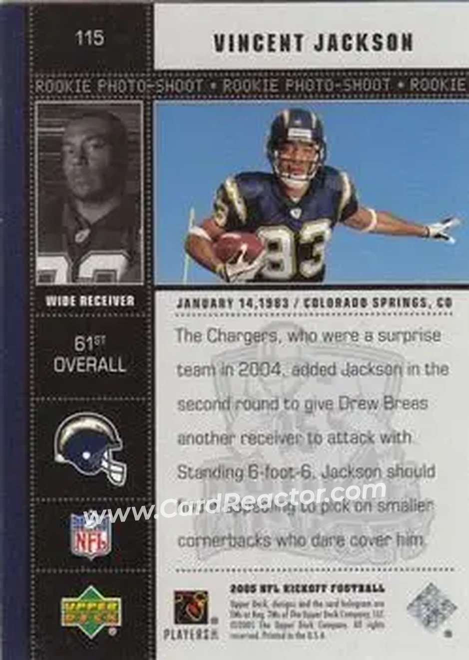 2005 Upper Deck Kickoff #115 - Vincent Jackson - San Diego Chargers - Back