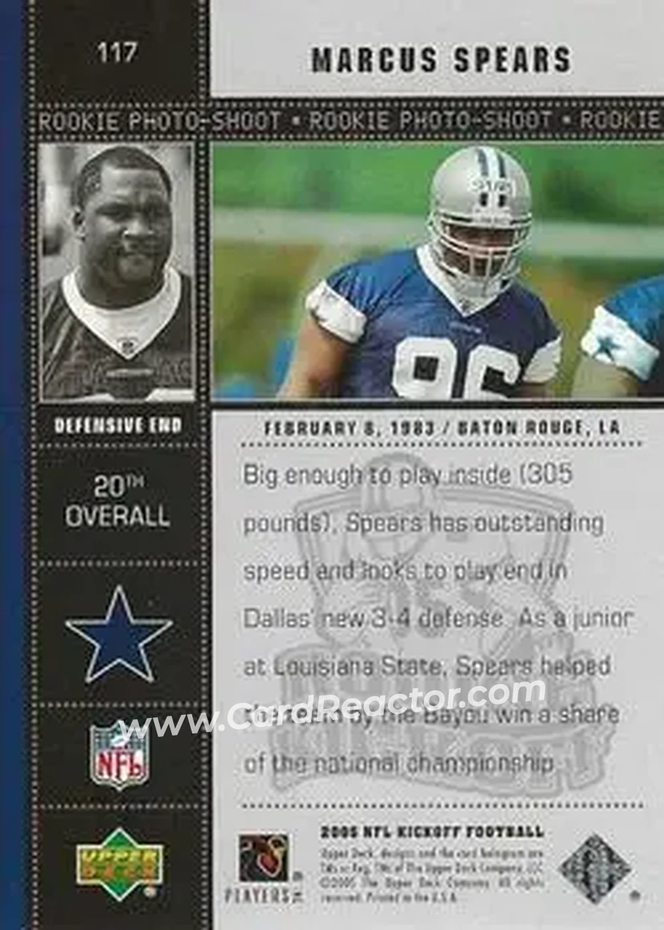 2005 Upper Deck Kickoff #117 - Marcus Spears - Dallas Cowboys - Back 2005 Upper Deck Kickoff #117 - Marcus Spears - Dallas Cowboys - Back