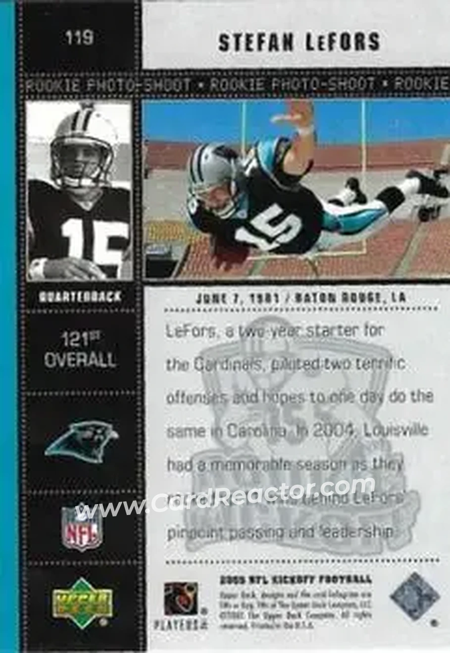 2005 Upper Deck Kickoff #119 - Stefan LeFors - Carolina Panthers - Back