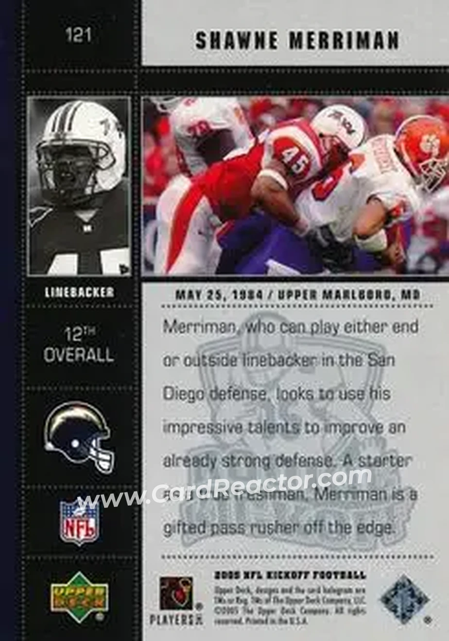 2005 Upper Deck Kickoff #121 - Shawne Merriman - San Diego Chargers - Back 2005 Upper Deck Kickoff #121 - Shawne Merriman - San Diego Chargers - Back