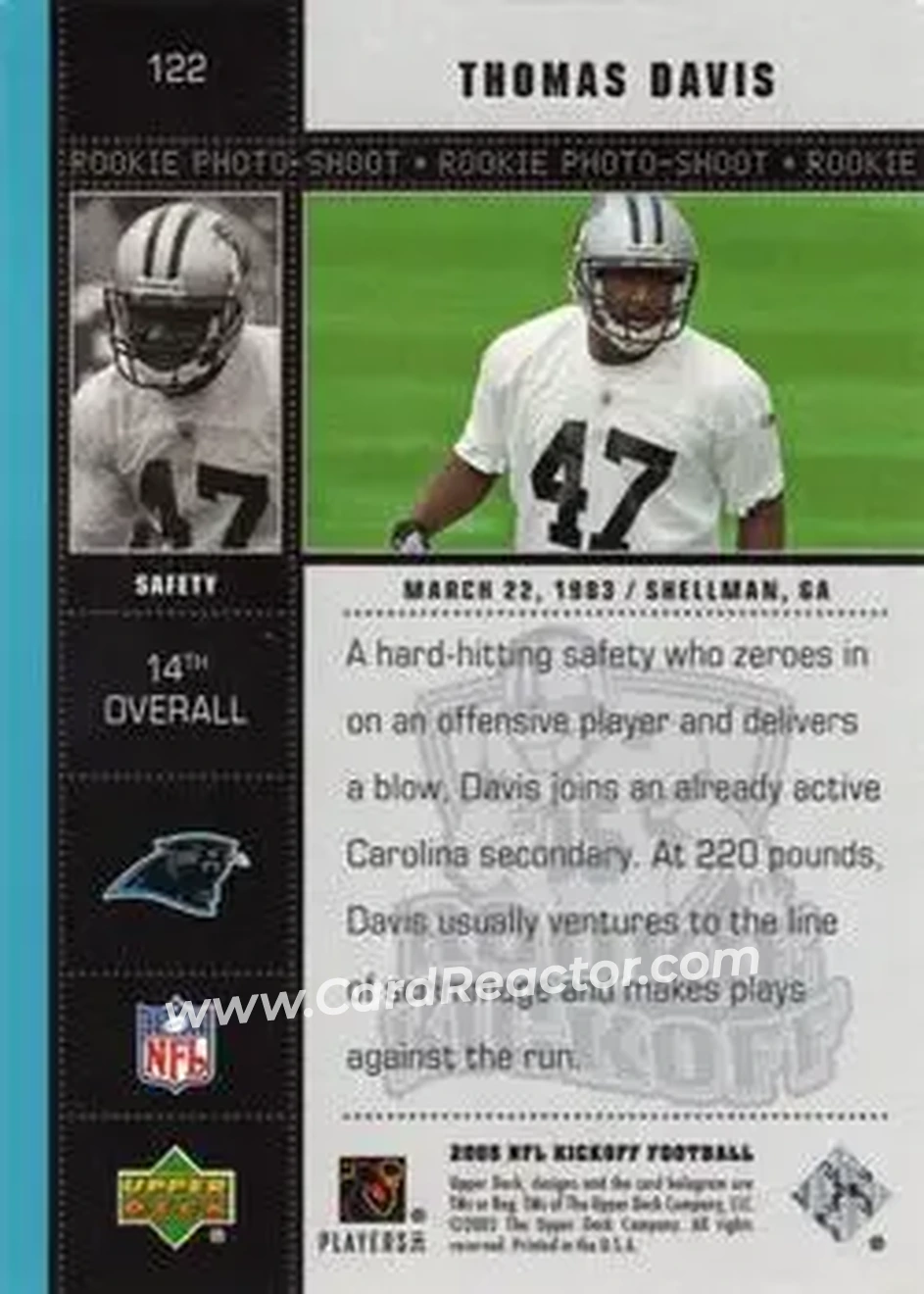 2005 Upper Deck Kickoff #122 - Thomas Davis - Carolina Panthers - Back 2005 Upper Deck Kickoff #122 - Thomas Davis - Carolina Panthers - Back