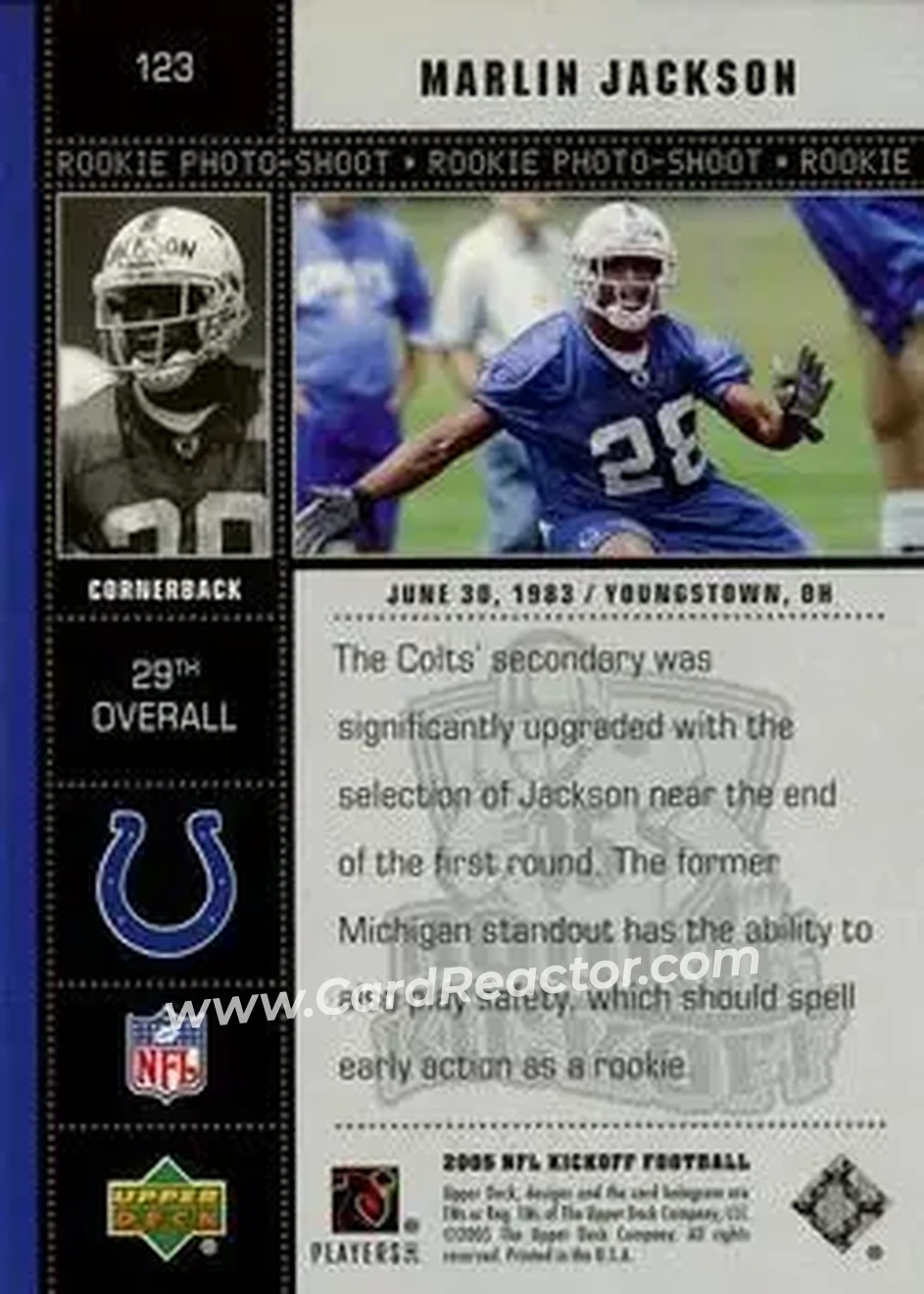 2005 Upper Deck Kickoff #123 - Marlin Jackson - Indianapolis Colts - Back