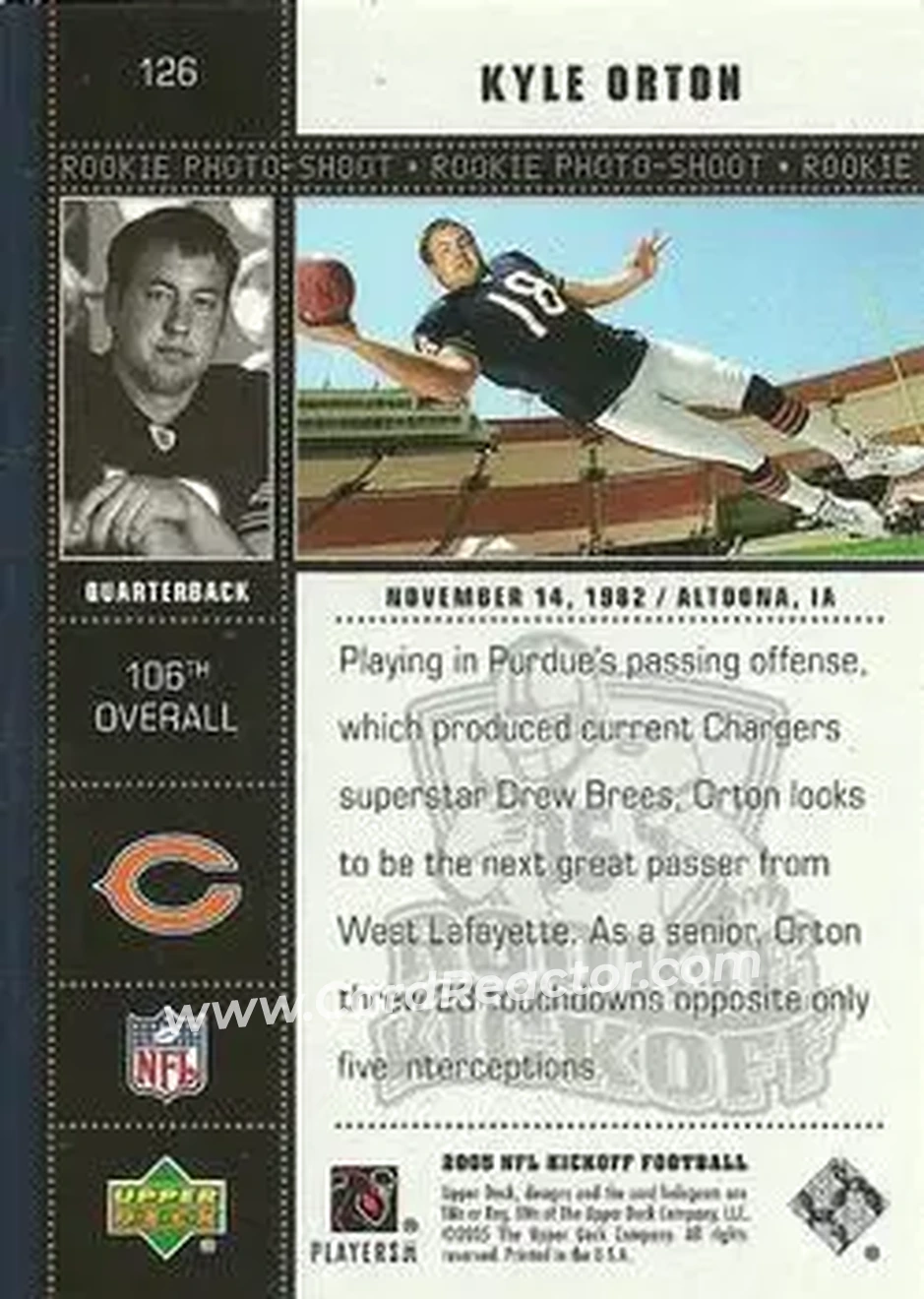 2005 Upper Deck Kickoff #126 - Kyle Orton - Chicago Bears - Back