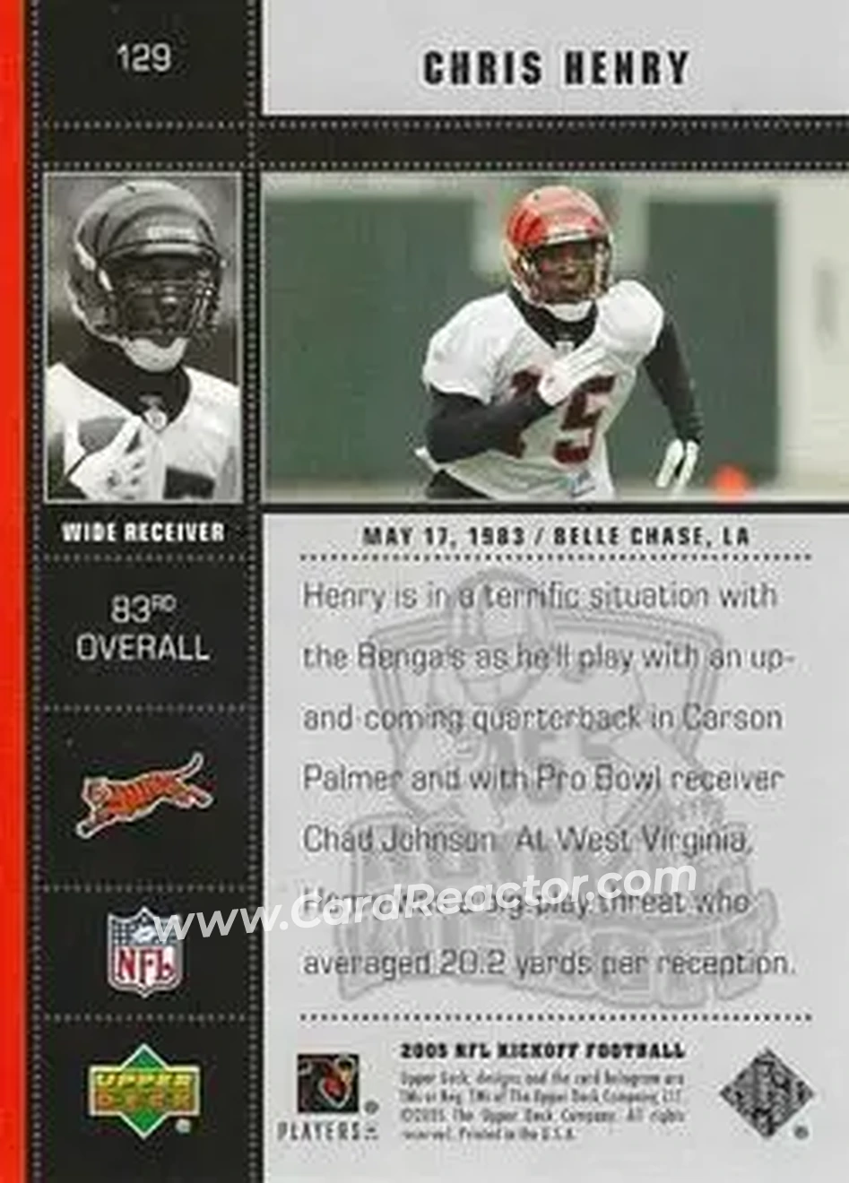 2005 Upper Deck Kickoff #129 - Chris Henry - Cincinnati Bengals - Back