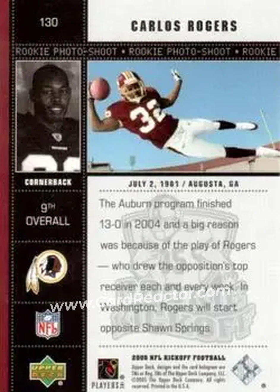 2005 Upper Deck Kickoff #130 - Carlos Rogers - Washington Redskins - Back 2005 Upper Deck Kickoff #130 - Carlos Rogers - Washington Redskins - Back