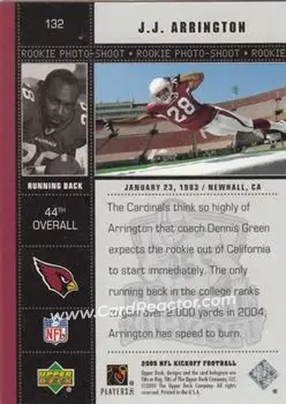2005 Upper Deck Kickoff #132 - J.J. Arrington - Arizona Cardinals - Back 2005 Upper Deck Kickoff #132 - J.J. Arrington - Arizona Cardinals - Back