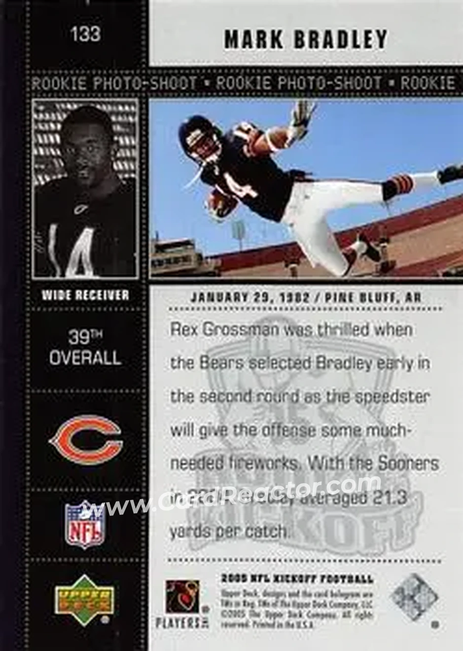 2005 Upper Deck Kickoff #133 - Mark Bradley - Chicago Bears - Back 2005 Upper Deck Kickoff #133 - Mark Bradley - Chicago Bears - Back