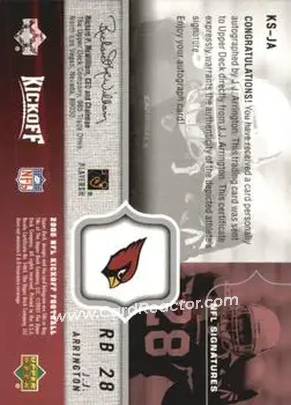2005 Upper Deck Kickoff - Autographs #KS-JA - J.J. Arrington - Arizona Cardinals - Back 2005 Upper Deck Kickoff - Autographs #KS-JA - J.J. Arrington - Arizona Cardinals - Back