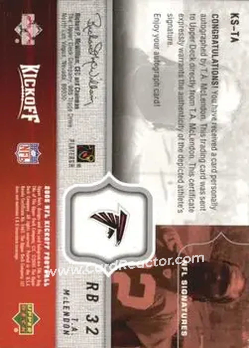 2005 Upper Deck Kickoff - Autographs #KS-TA - T.A. McLendon - Atlanta Falcons - Back
