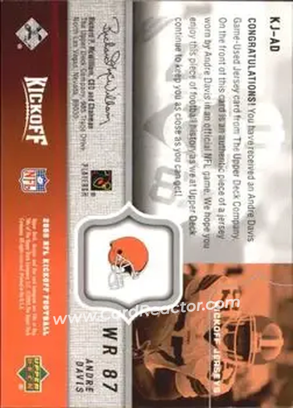 2005 Upper Deck Kickoff - Game Jerseys #KJ-AD - Andre Davis - Cleveland Browns - Back 2005 Upper Deck Kickoff - Game Jerseys #KJ-AD - Andre Davis - Cleveland Browns - Back