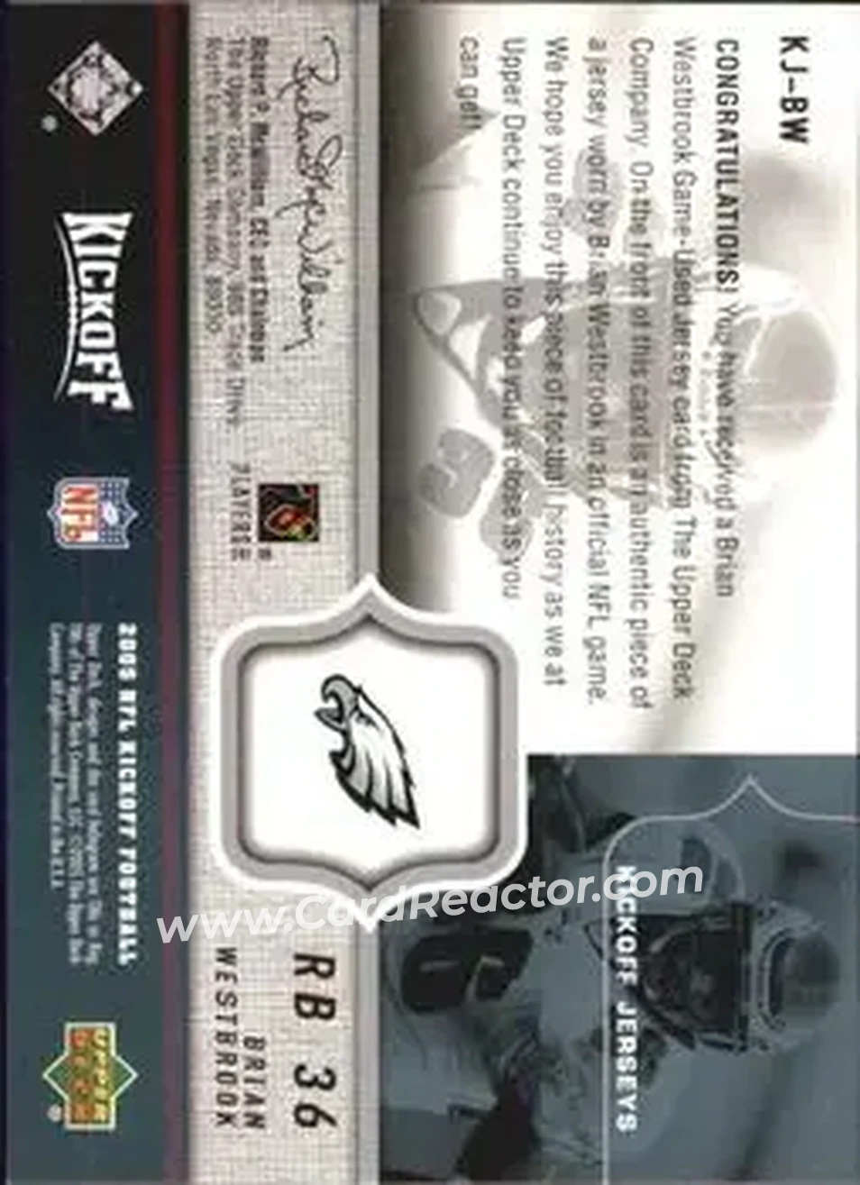 2005 Upper Deck Kickoff - Game Jerseys #KJ-BW - Brian Westbrook - Philadelphia Eagles - Back