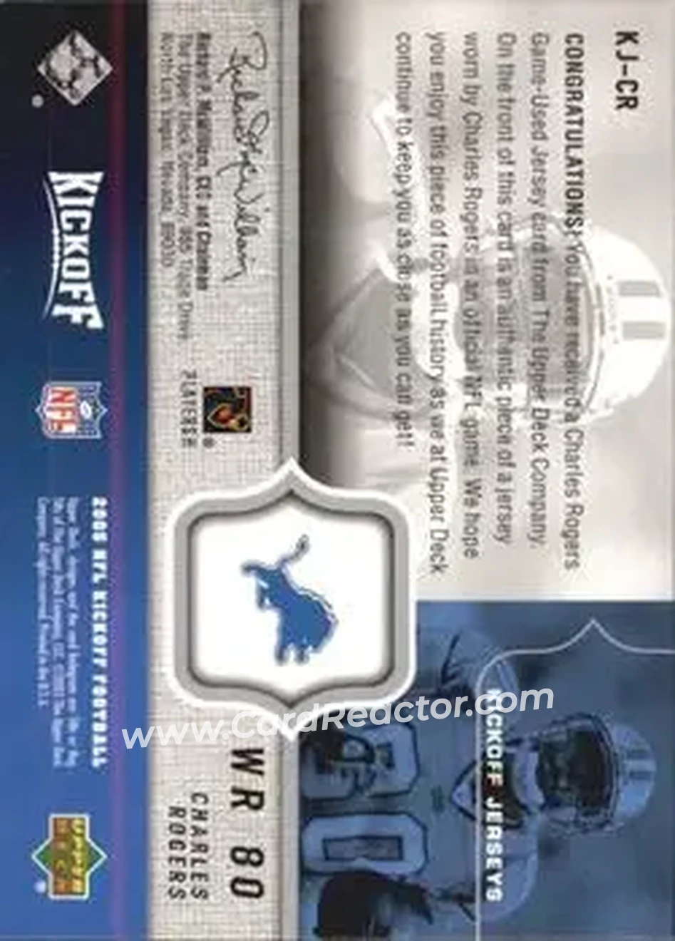 2005 Upper Deck Kickoff - Game Jerseys #KJ-CR - Charles Rogers - Detroit Lions - Back 2005 Upper Deck Kickoff - Game Jerseys #KJ-CR - Charles Rogers - Detroit Lions - Back