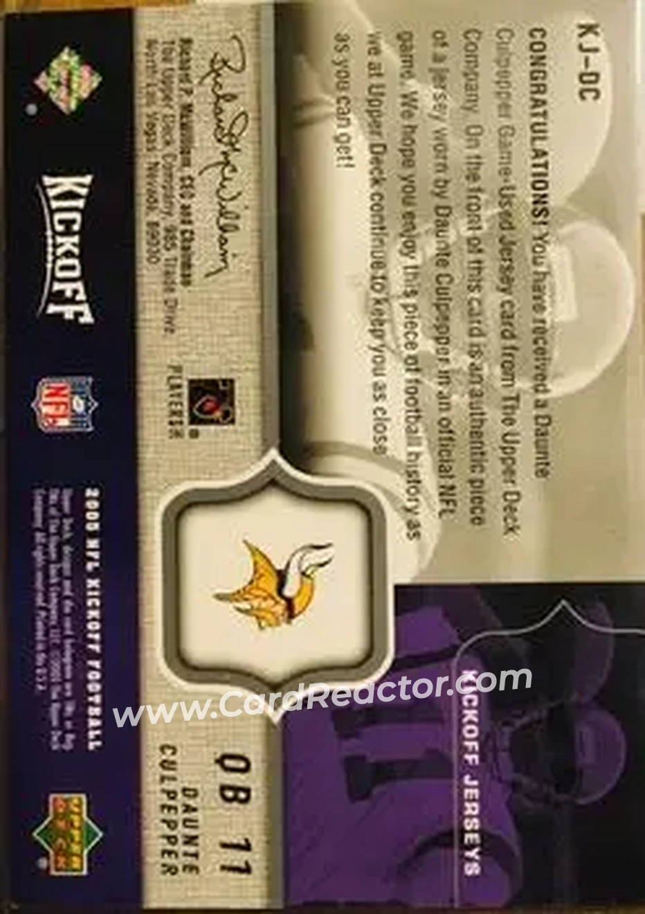 2005 Upper Deck Kickoff - Game Jerseys #KJ-DC - Daunte Culpepper - Minnesota Vikings - Back 2005 Upper Deck Kickoff - Game Jerseys #KJ-DC - Daunte Culpepper - Minnesota Vikings - Back