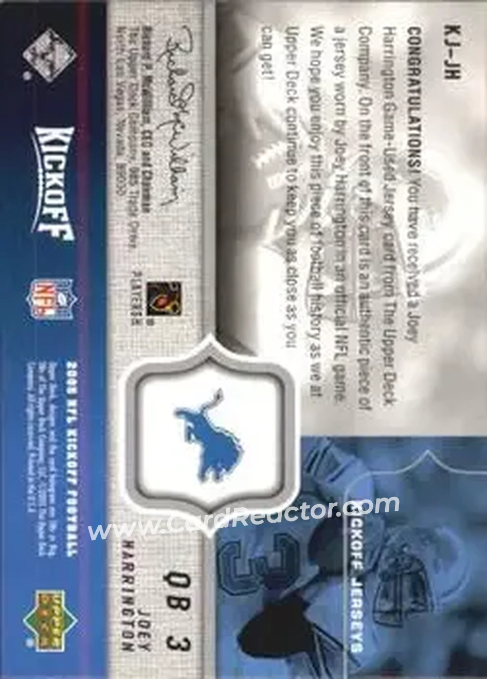 2005 Upper Deck Kickoff - Game Jerseys #KJ-JH - Joey Harrington - Detroit Lions - Back