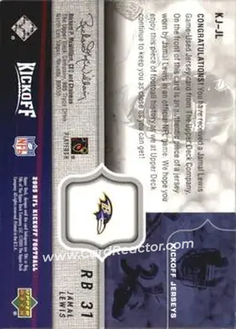 2005 Upper Deck Kickoff - Game Jerseys #KJ-JL - Jamal Lewis - Baltimore Ravens - Back 2005 Upper Deck Kickoff - Game Jerseys #KJ-JL - Jamal Lewis - Baltimore Ravens - Back
