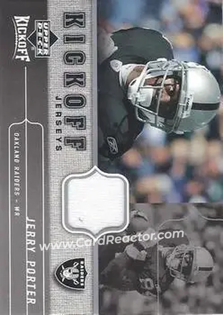 2005 Upper Deck Kickoff - Game Jerseys #KJ-JP - Jerry Porter - Oakland Raiders - Front 2005 Upper Deck Kickoff - Game Jerseys #KJ-JP - Jerry Porter - Oakland Raiders - Front